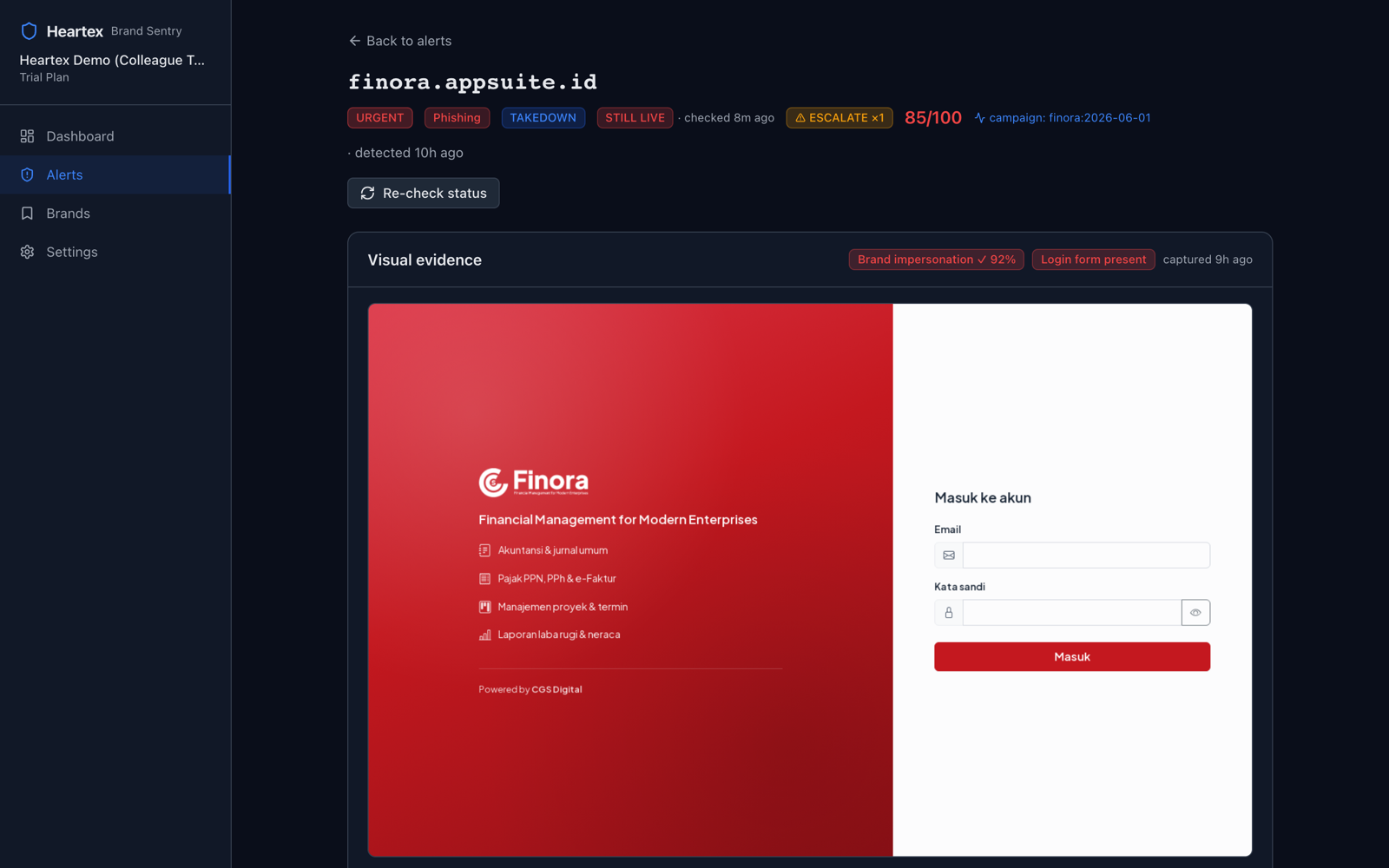 Alert detail showing AI visual evidence of a brand-impersonation page